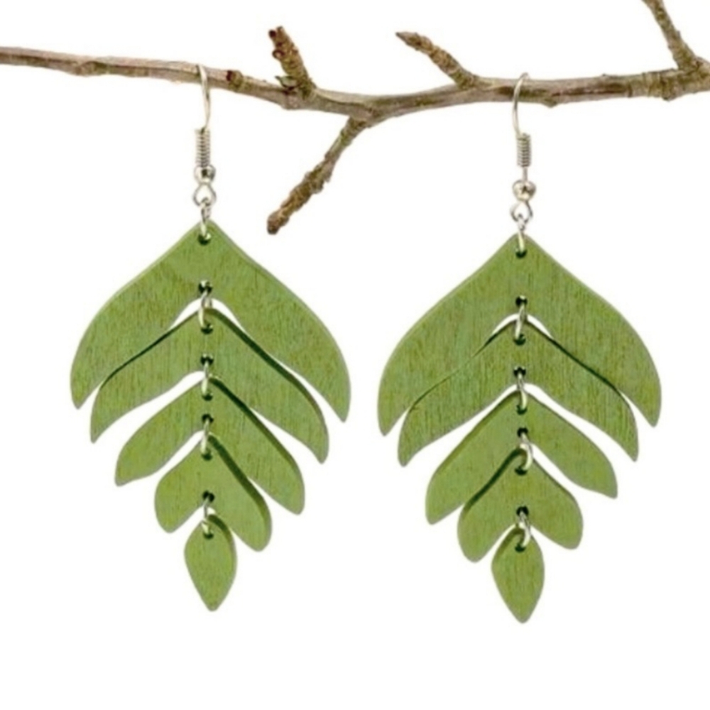 Green - Leaf Feather Wooden Drop Geometric Earrings